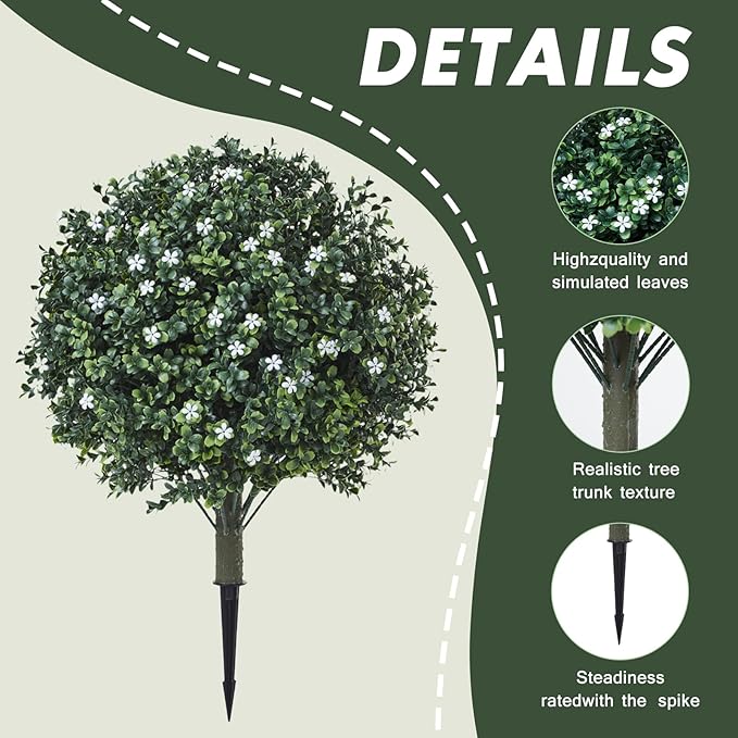 Artificial Boxwood Topiary Shrub with White Flowers,Set of 2 Artificial Boxwood Ball Bush with Metal Spike, UV Resistant Realistic Faux Shrubs for Garden, Yard, Patio, Porch Outdoor Decor