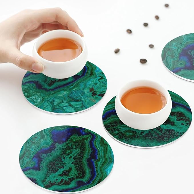 Agate Marble Green Coasters Set of 6 Coasters for Drinks Absorbent Double-Sided Leather PVC Coaster for Tabletop Protection Coffee Table Decor Ideal for Home Decor House Warming Gifts