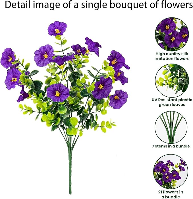 Artificial Outdoor Flowers 16 Bundles Fake Morning Glory Flower Outdoor UV Resistant Plastic Faux Flowers Plants for Decoration Indoor Outdoor Hanging Window Box Planter Home Porch Decor (Purple)