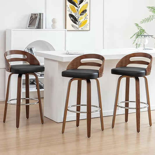 Bar Stools Set of 3, Swivel Bar Stools with Walnut Craftsmanship, Bentwood Curved Back, Upholstered Faux Leather, Soft Cushion Seat, Mid Century BarStools for Bar/Pub/Cafe (Black, 30" Seat Height)