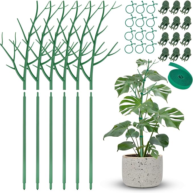 NiHome 28" Plant Support Stakes Set of 6 for Indoor & Outdoor Garden, Durable UV-Resistant Stakes with 12 Orchid Clips, 12 Circular Clips & 6 Ft Plant Tie for Climbing Plants, Vines & Shrubs (Green)