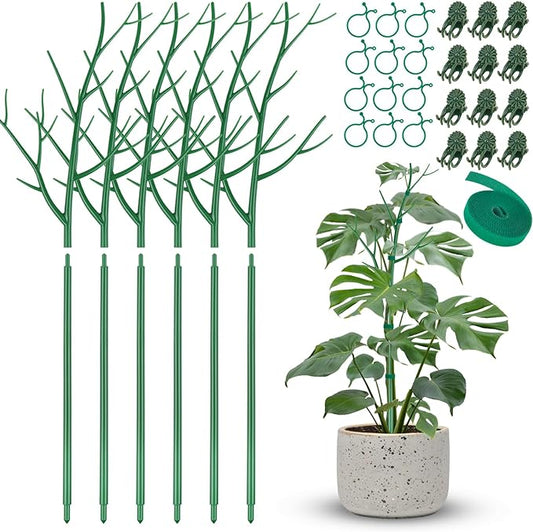 NiHome 28" Plant Support Stakes Set of 6 for Indoor & Outdoor Garden, Durable UV-Resistant Stakes with 12 Orchid Clips, 12 Circular Clips & 6 Ft Plant Tie for Climbing Plants, Vines & Shrubs (Green)