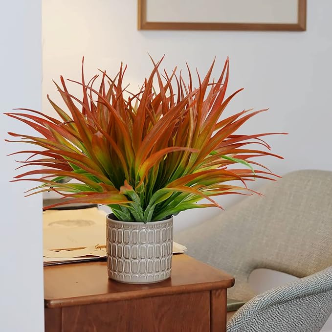 24Pcs Artificial Grass Plant Fake Outdoor Plastic Plants UV Resistant Faux Grasses Greenery Shrubs for Window Box Garden Patio Porch Home Decor Red