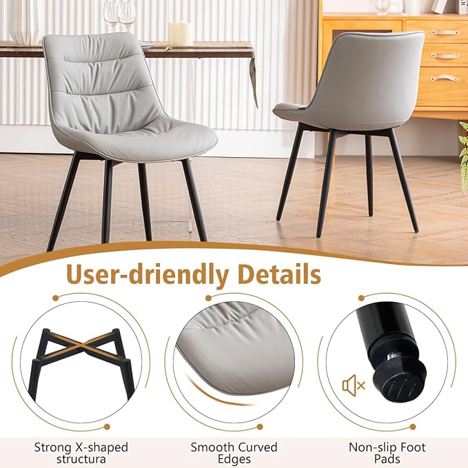 Kidol & Shellder Dining Chairs Set of 2, Modern Upholstered Faux Leather Kitchen Side Chairs with Comfortable Back - Mid-Century Armless Chair for Dining Living Room Bedrooms, with Metal Legs (Gray)