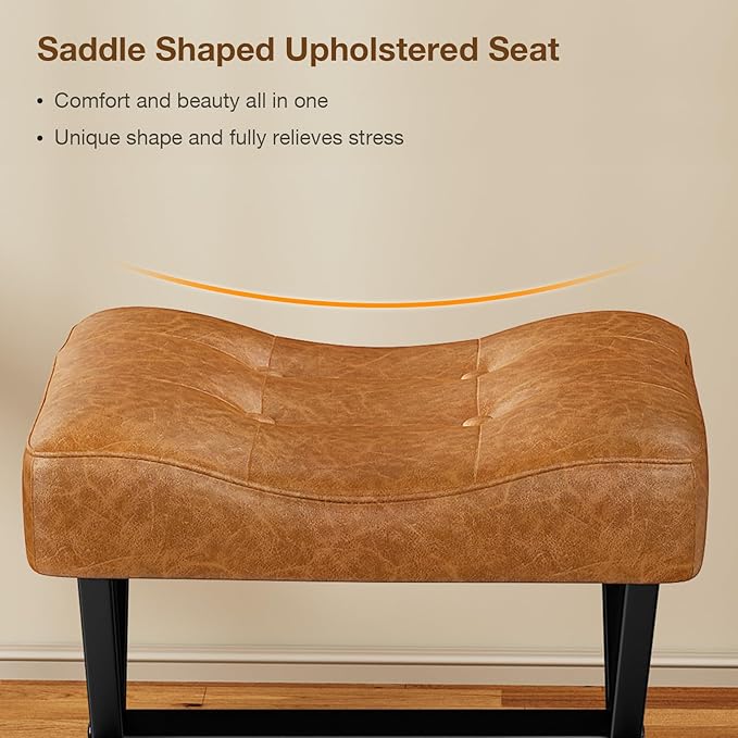 18-Inch Large Leather Vanity Stool, Vanity Chair with Metal X-Leg, Ottoman Accent Stool with Thick Padded Saddle Seat, Brown