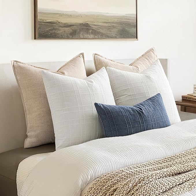 MIULEE Decorative Linen Check Lumar Throw Pillow Covers Neutral Farmhouse Vintage Pillow Covers 12x20 Set of 2 Boho Modern Home Decor for Sofa Couch Bedroom Cushion Blue