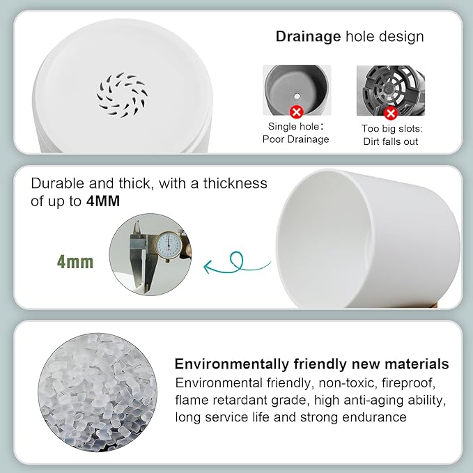 5 Pack Cylindrical Flower Pots with 7/6.5/6/5/4 inch, Modern Small Plastic Plant Pots with Drainage Holes & Saucers, Round Planter Pots for Outdoor, Indoor & Office Decor (White Brown)