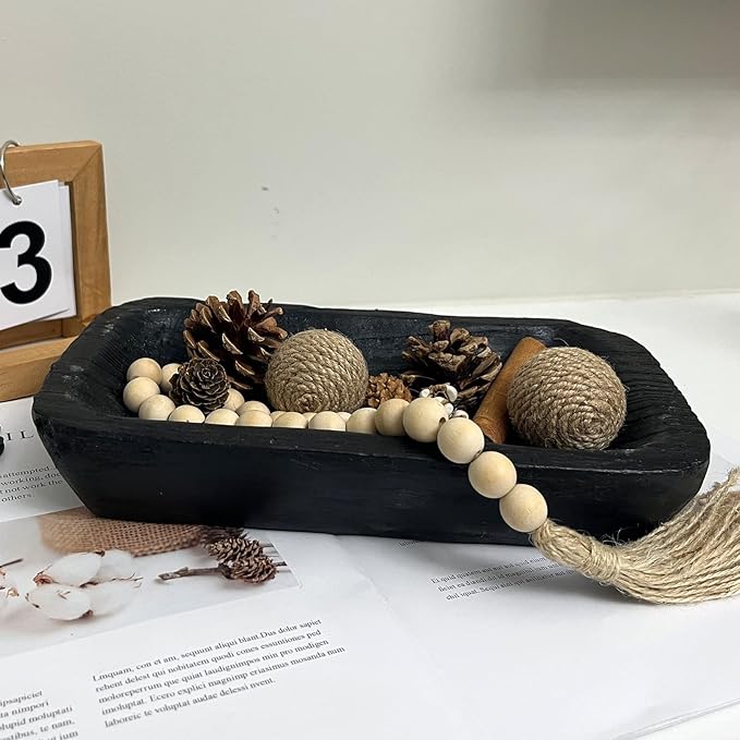 Wooden Dough Bowl Decor, Vintage Wooden Bowl Hand Carved Home Decor for Dining Table Center, Living Room, Kitchen Decor. (10inch black)