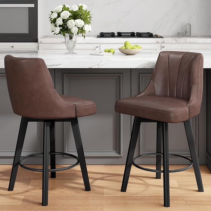 Counter Height Swivel Bar Stool, 24" Upholstered PU Leather Barstools Set of 2, Counter Stool Chair with Back & Solid Wood Legs for Kitchen Island Dining Room (Brown)