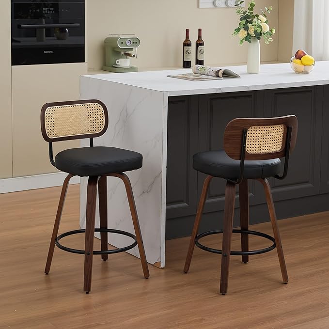 Swivel Counter Height Bar Stools Set of 2, 26 inch Bar Chairs with Curved Rattan Back, Upholstered PU Leather, Walnut Craftsmanship, Mid Century Modern Counter Stools for Kitchen Counter, Black