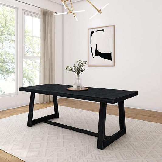 Plank+Beam 84 Inch Farmhouse Dining Table, Solid Wood Rustic Kitchen Table, Large Wooden Rectangular Dinner Table for Dining Room, Home Office, Living Room Furniture, Easy Assembly, Black Wirebrush