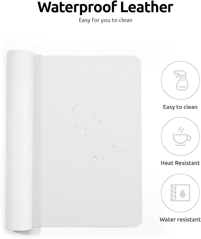 YSAGi Leather Desk Protector, Office Mat, Large Mouse Mat, Non-Slip PU Leather Blotter, Laptop Desk, Waterproof Writing Pad for Office and Home (White, 23.6" x 13.8")