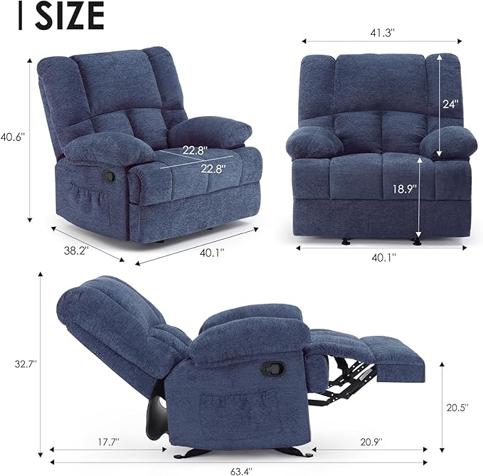 Oversized Rocker Recliner Chair, Wide Rocker Chair with Adjustable Backrest Footrest, Oversized Recliner for Adults, Reclining Sofa for Living Room, Navy
