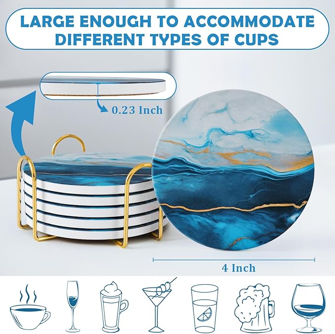 GOH DODD Coasters for Drinks Set of 6, Absorbent Marble Style Ceramic Coaster Tabletop Protection Home Decor with Metal Holder for Coffee Table, Housewarming Gifts Wedding Party, Blue, Round, 4 Inch