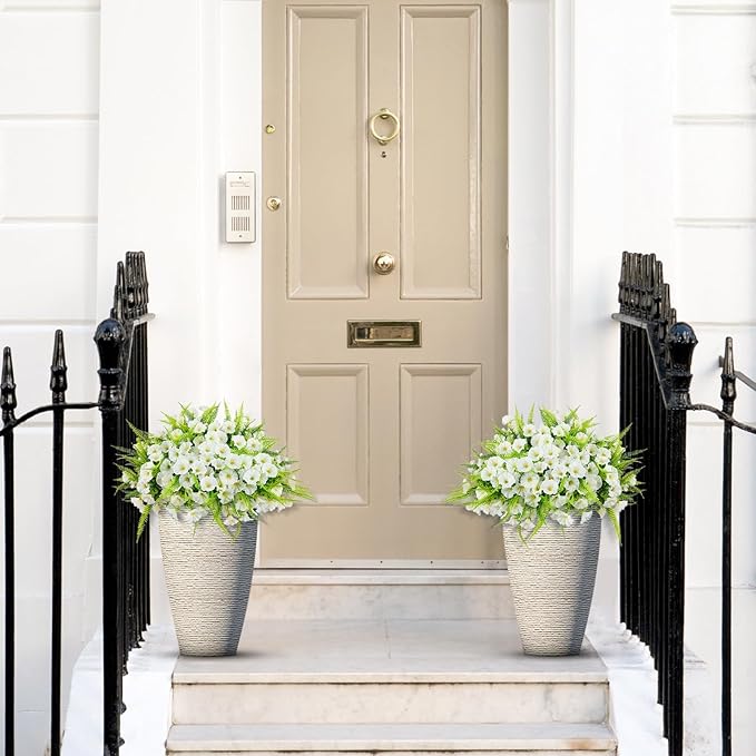 Artificial Flowers Outdoors 12 Bundles White Artificial Petunias Fake Flowers UV Resistant Shrubs Plants with Fern for Indoor Outside Hanging Planters Home Garden Summer Decorations