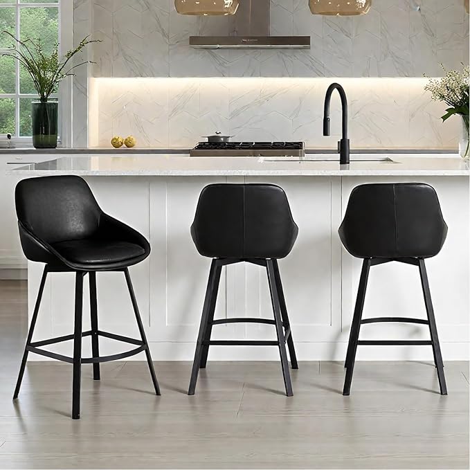 Zesthouse Swivel Counter Height Stools Set of 3, Modern Upholstered Barstools with Backs, 26'' Faux Leather High Chairs for Island Kitchen, Counter Height Chairs with Metal Legs, Black