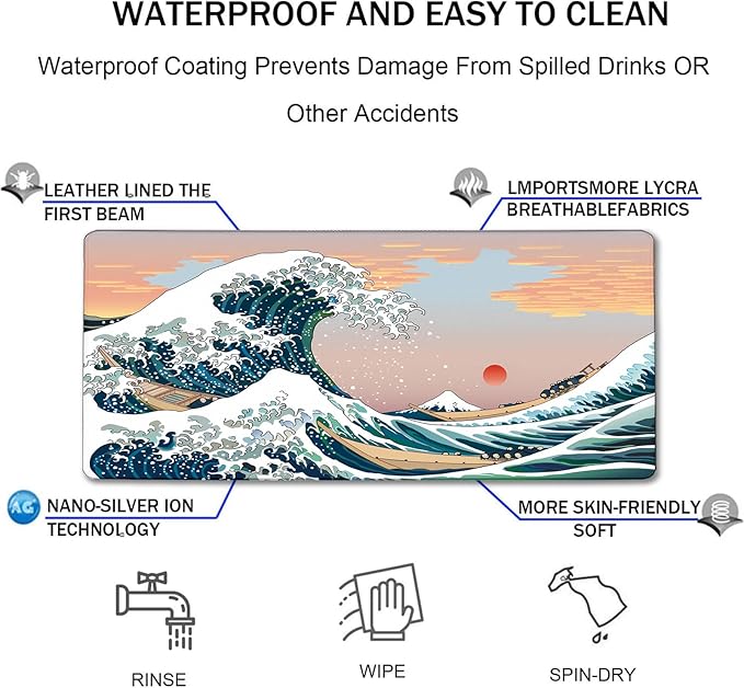 Japanese Large Gaming Mouse Pad with Extended Stitched Edges, (31.5X15.7In) Durable Non-Slip Natural Rubber Base, Waterproof Computer Pad for Esports Pros/Gamer/Office/Home, Sunset Sea
