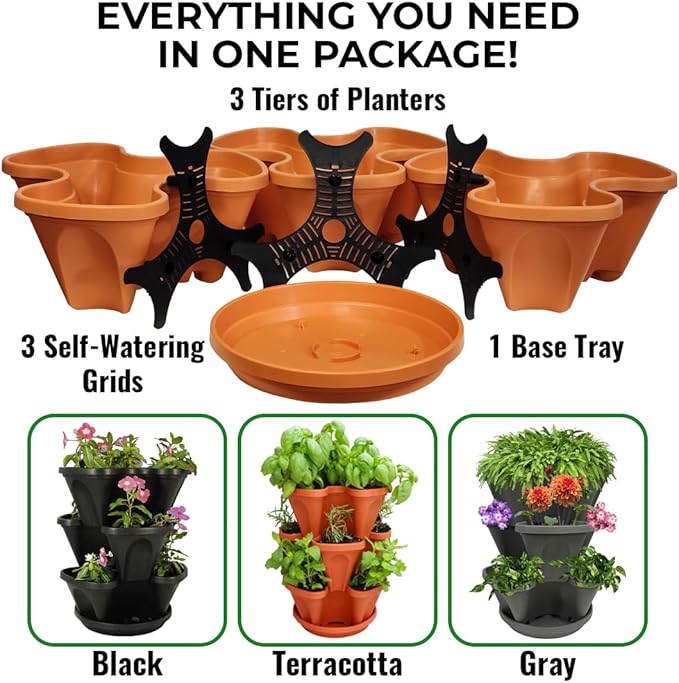 3 Tier Stacking Planter-Flower, Herb, Stackable Garden, Vegetable-Self-Watering-Indoor/Outdoor (Tuscany)