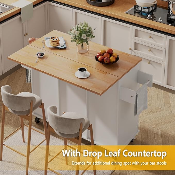 51.5'' Rolling Kitchen Island with Storage Cabinet & Drawers, Drop Leaf Kitchen Cart on Wheels, Farmhouse Portable Mobile Islands, Large Butcher Block Table with Tower/Spice Rack, White