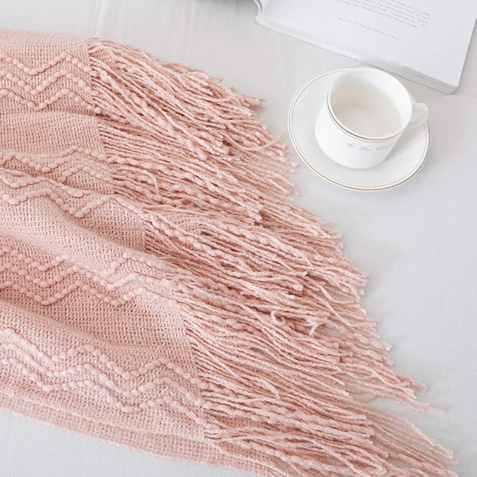 BOURINA Pink Throw Blanket 60x80 Inches Throw Textured Solid Soft Sofa Throw Couch Knitted Decorative Blanket