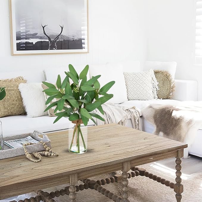 Briful Artificial Eucalyptus Stems in Clear Glass Vase with Faux Water, 14" Fake Plant Eucalyptus Leaves for Home Office Farmhouse Wedding Centerpiece Décor