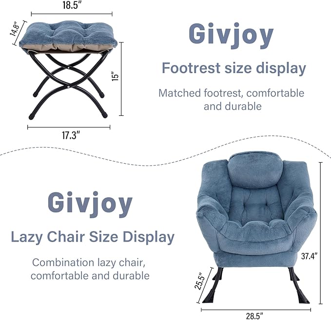 Cozy Lazy Chair and Ottoman, Large Contemporary Accent Lounge Chair Set, Leisure Upholstered Reading Armchair for Bedroom, Living Room, Dorm Rooms, Office