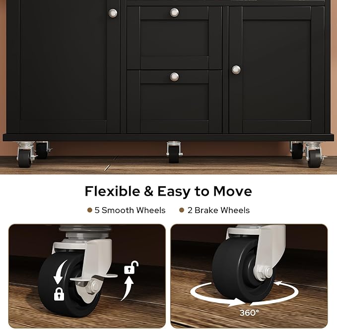 Rolling Kitchen Island with Storage Cabinet, 41.3'' Width Kitchen Cart with Desktop Drop Leaf Countertop, Portable Mobile Kitchen Island with Towel Rack, Spice Rack Shelf and Lockable Wheels, Black