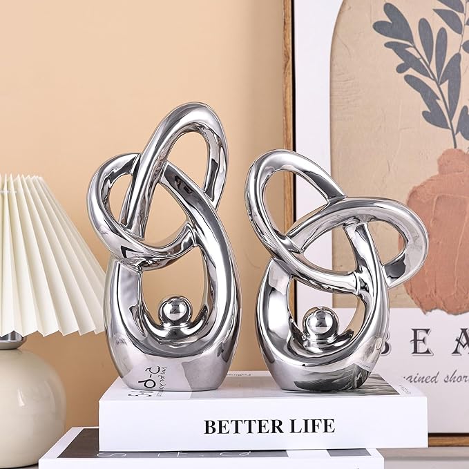 Silver Modern Abstract Art Home Decor Accent,Statues Coffee Table Decor for Living Room,Table Centerpieces for Dining Room,Ceramic Sculptures and Silver Knick Knacks for TV Stand Decor