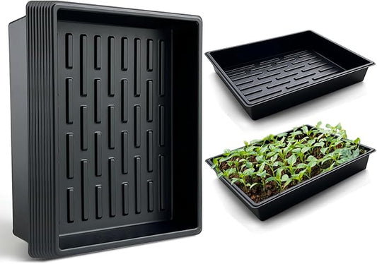 Seed Starter Tray, 10 Packs Plant Tray, Durable Plastic Growing Trays, Stackable Seedling Starter Trays Perfect for Indoor, Outdoor, Greenhouses, 16.5" L x 13.2" W x 2.8" H - Black