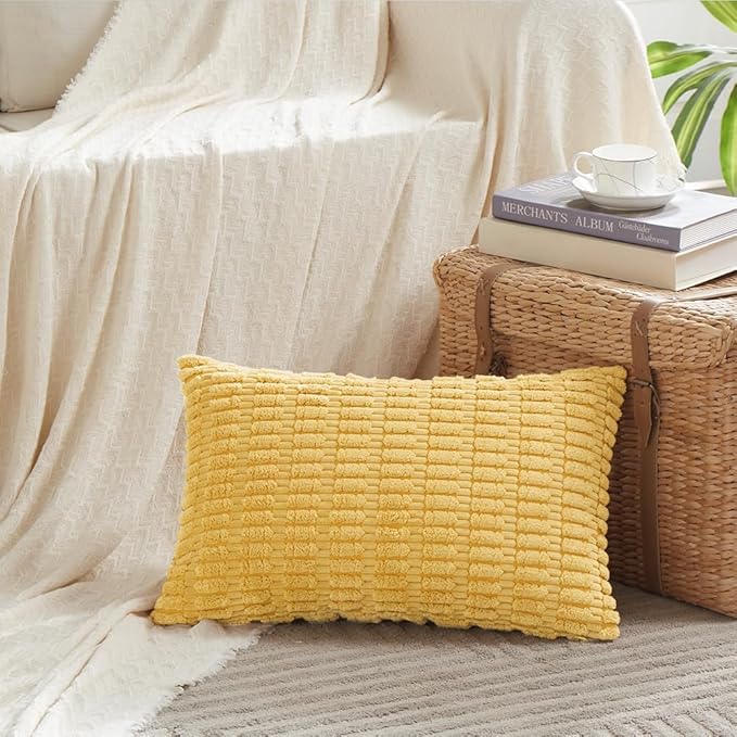 Fancy Homi 2 Packs Yellow Lumbar Decorative Throw Pillow Covers 12x20 Inch for Living Room Couch Bed Sofa, Rustic Farmhouse Boho Home Decor, Soft Striped Corduroy Rectangle Cushion Case 30x50 cm