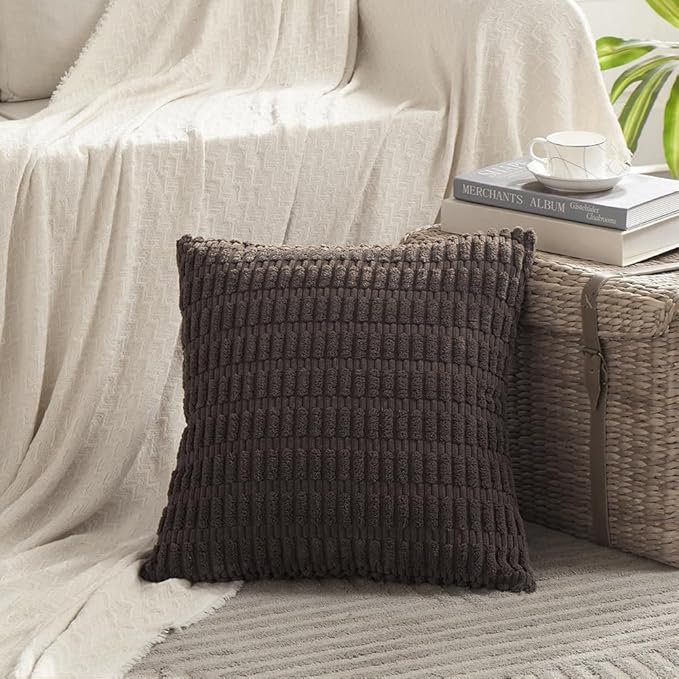 Fancy Homi 4 Packs Boho Dark Brown Decorative Throw Pillow Covers 14x14 Inch for Living Room Couch Bed Sofa, Rustic Modern Farmhouse Home Decor, Soft Plush Corduroy Cute Square Cushion Case 35x35 cm