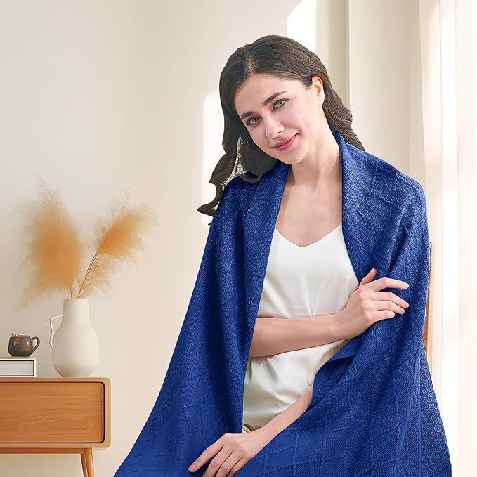 inhand Knit Klein Blue Throw Blanket for Couch, Soft Living Room Home Decor Knitted Twin Size Blanket, Outdoor Lightweight Breathable Summer Blanket, Farmhouse Warm Woven Decorative, 60"x80"