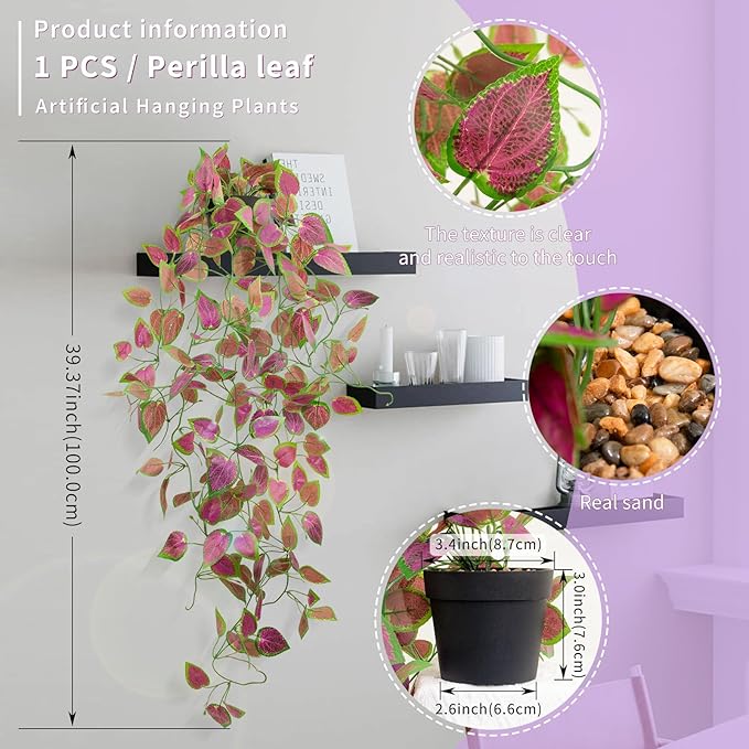 LOYWREE 2 Pack Artificial Purple Ivy Hanging Vine Plants - Small Potted Long Trailing Cascading Foliage, Gothic Home Decor for Indoor/Outdoor, Office, Garden & Shelf (Black Pot Included)