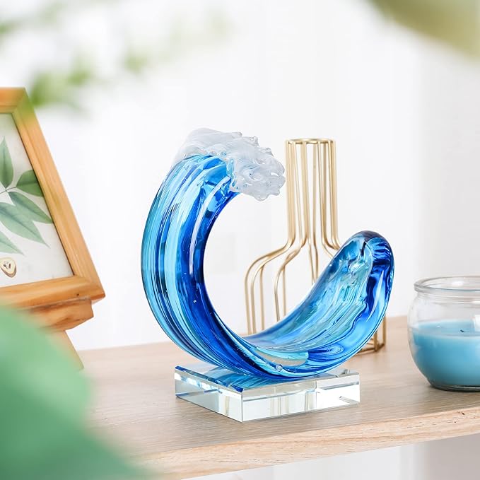 Yao Yuan Hand-Blown Glass Wave Decor Murano-Style Glass Statue and Figurine