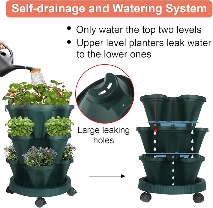 Vertical Planter 3 Tier Stackable Planters Garden Planters Strawberry Herb Flower and Vegetable Planter Indoor Outdoor Gardening Pots with Removable Wheels and Tools