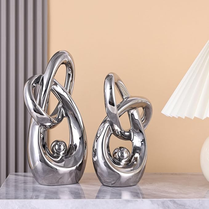 Silver Modern Abstract Art Home Decor Accent,Statues Coffee Table Decor for Living Room,Table Centerpieces for Dining Room,Ceramic Sculptures and Silver Knick Knacks for TV Stand Decor