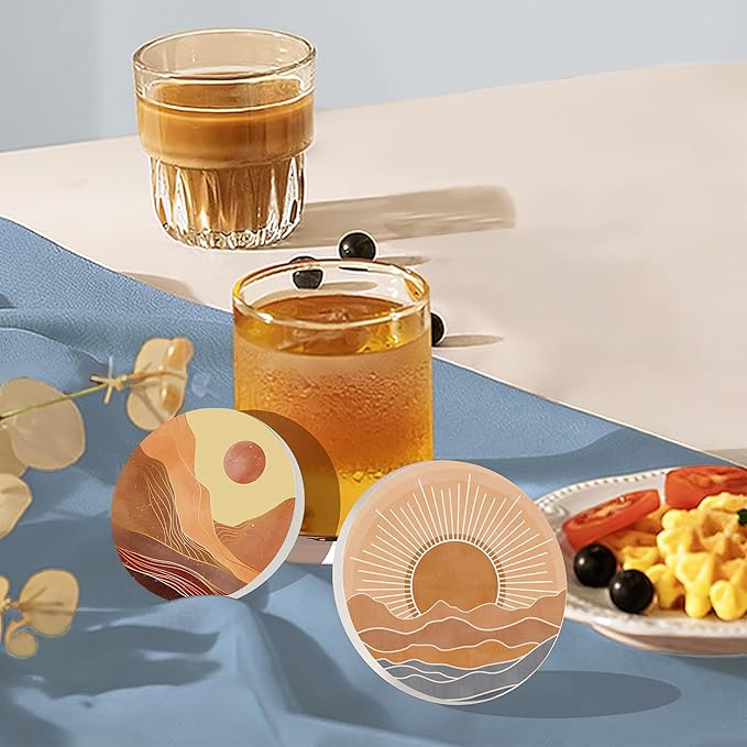 6 Pcs Coasters for Drinks with Holder, Boho Mountain Sun Absorbent Ceramic Coasters with Cork Base,Cute Funny Table Drinks Coasters Tabletop Protection Mat,Table Home Decor,4 Inches