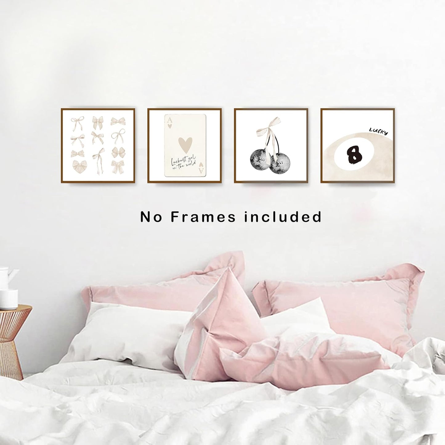 okaxscm Beige Coquette Trendy Preppy Wall Art Prints Set of 4, Coquette Room Decor, Preppy Room Decor Aesthetic, Beige Bow Disco 8 Ball Cherry Wall Decor Posters for Girls Bedroom Dorm,10x10 Unframed