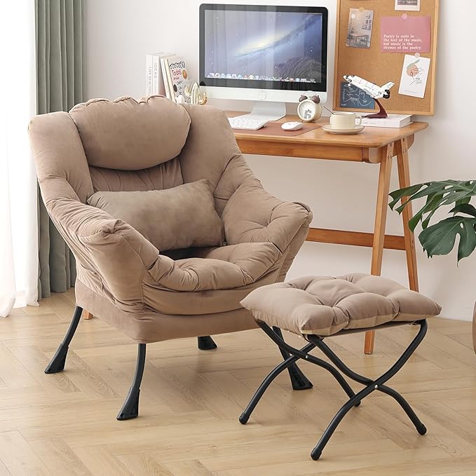 Lazy Chair with Ottoman, Modern Accent Chair with Lumbar Pillow, Comfy Chairs with Folding Footrest for Bedroom, Reading, Oversized Supportive Lounge Chairs(Velvet Khaki)