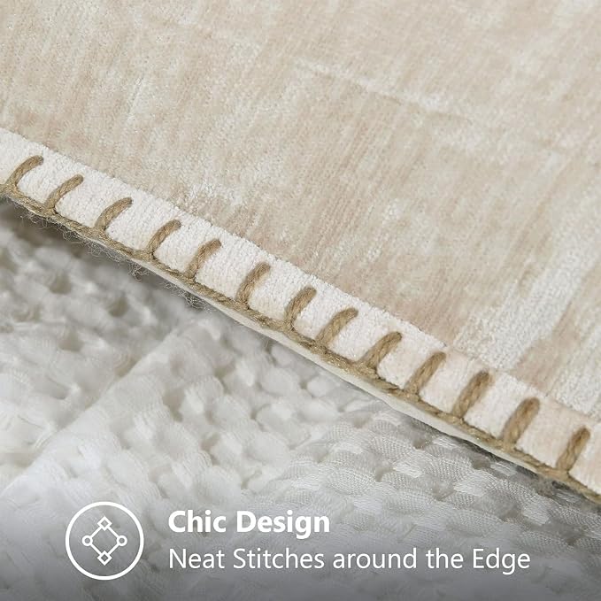 decorUhome Chenille Soft Throw Pillow Covers 20x20 Set of 2, Farmhouse Velvet Neutral Decorative Euro Pillow Covers with Stitched Edge for Couch Sofa Bed Home Decor, Beige