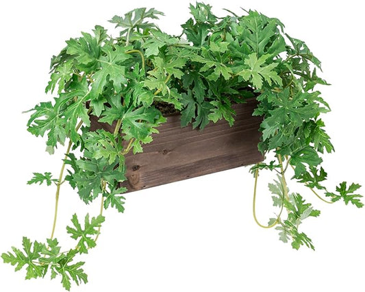 MyGift Vibrant Lifelike Artificial Plant Pelargonium Graveolens Leafy Vine Greenery in Burnt Brown Solid Wood Rectangular Planter Box