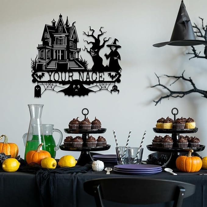 Custom Halloween Metal Wall Art with Family Name, Personalized Haunted House Metal Sign with Witch Bats Pumpkins Skull Ghost Spider, Spooky Decor for Halloween Party, Living Room, Man Cave