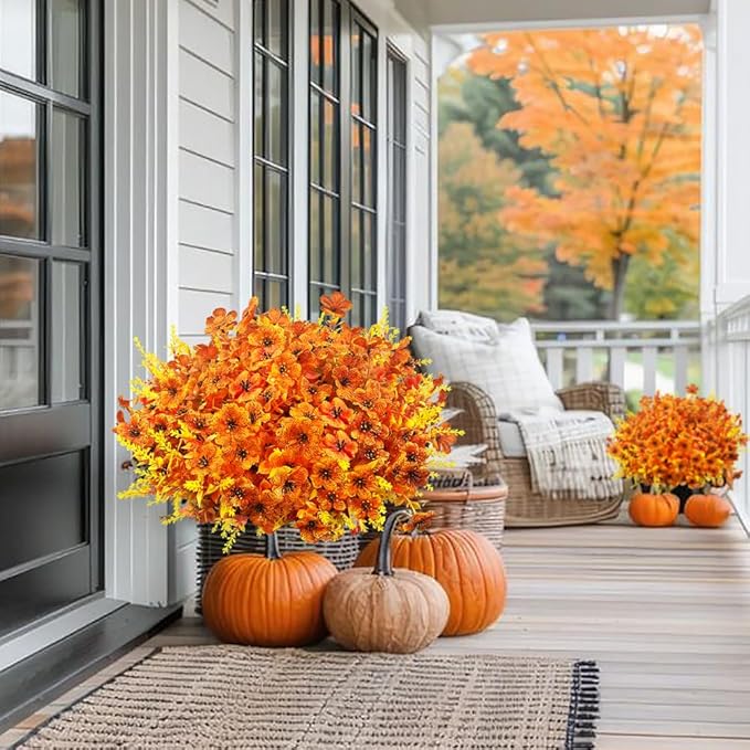 Artificial Faux Fall Mums Flowers Outdoor Decoration,16 Bundles Fake Silk Colorful Daisy Eucalyptus Realistic UV Resistant Plants for Outside Home Planter Porch Patio Yard Decor