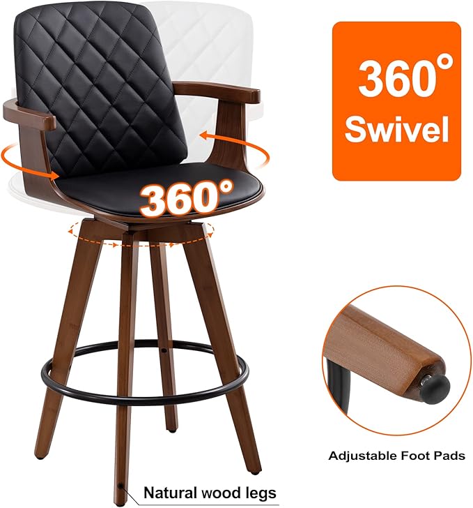 Counter Stools Set of 2, Upholstered Faux Leather Counter Height Bar Stools, Swivel Counter Chairs with Wooden Arms and Legs (Black, 26" Seat Height)