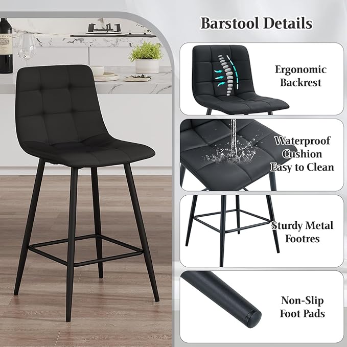 Black Barstools Set of 4, 24.4" Counter Height Bar Stools with Back & Metal Footrest, Modern Island Chairs Set of 4 for Kitchens Island Home Bar