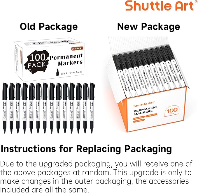 Shuttle Art 100 Pack Black Permanent Markers, Fine Point Permanent Marker Pens Set Perfect on Plastic, Wood, Stone, Metal and Glass for Doodling, Writing, Marking, Office School Supplies