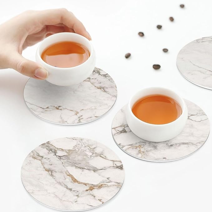 White Grey Gold Marble Coasters Set of 6 Coasters for Drinks Absorbent Double-Sided Leather PVC Coaster for Tabletop Protection Coffee Table Decor Ideal for Home Decor House Warming Gifts