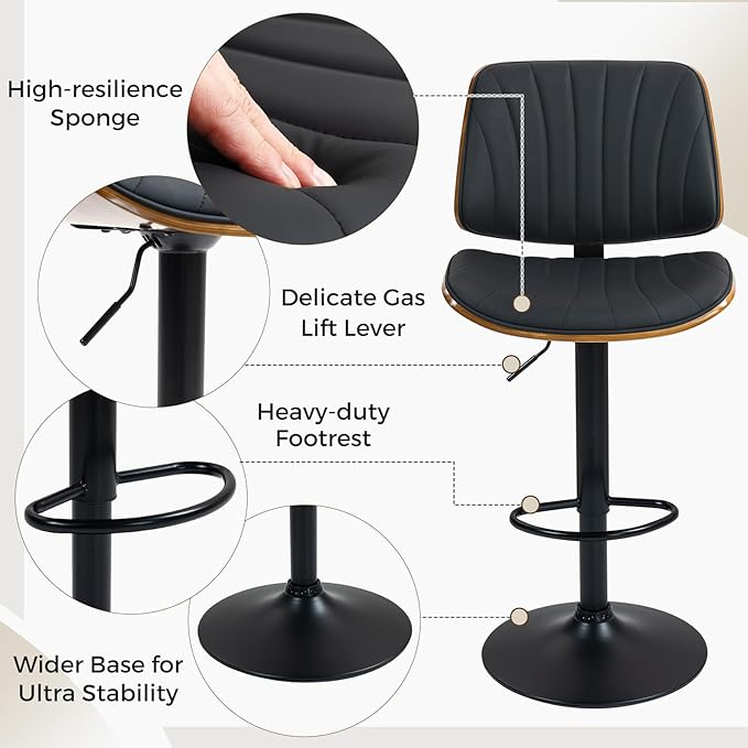 ECOTOUGE Bar Stools Set of 6, Adjustable Bentwood Barstools, Modern Swivel Bar Height Chairs with Back and Footrest for Kitchen Island, Counter, Dining Room(Black)