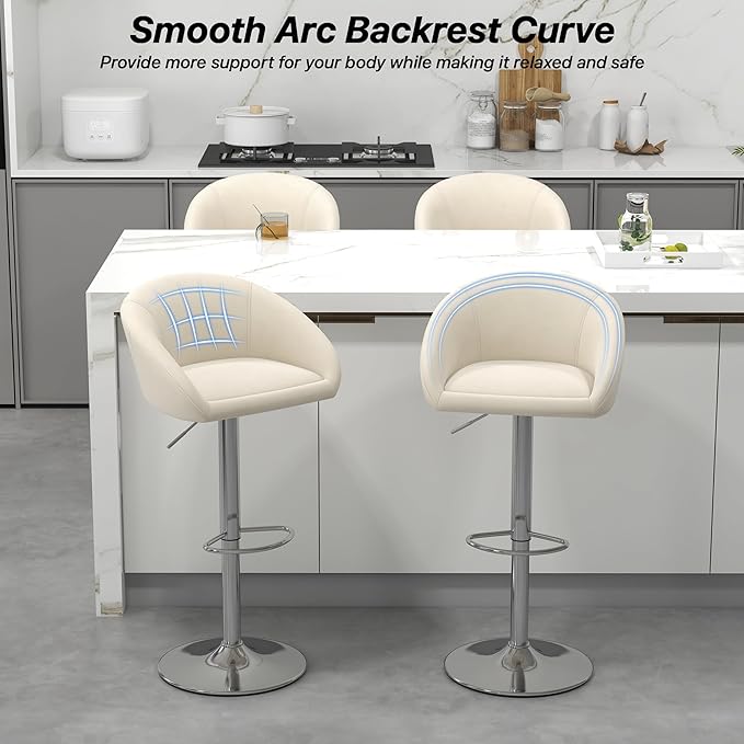 KCC Velvet Bar Stools Set of 6, Counter Height Bar Stools with Low Back, Swivel Barstool for Kitchen Island, Bar Pub (Begie)