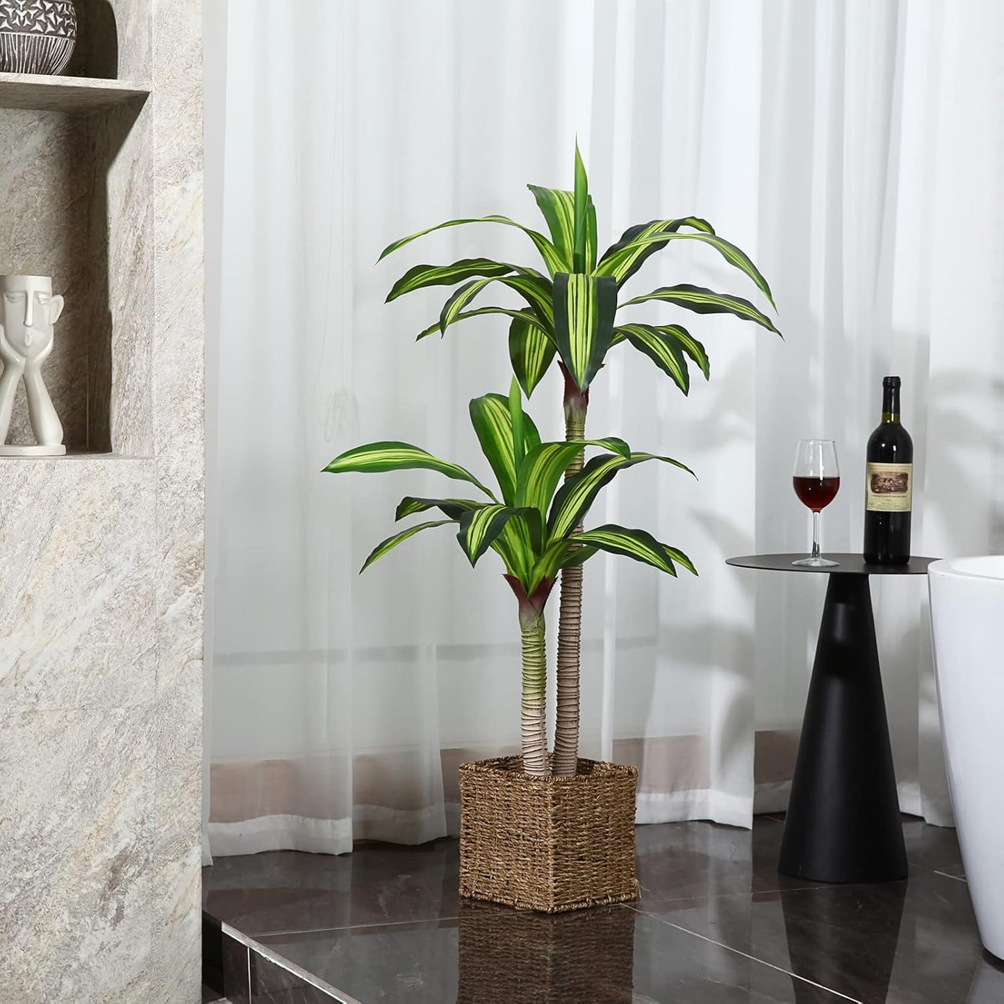 Artificial Plants, 4 Ft Dracaena Tree Faux Plants Indoor Outdoor Decor Fake Tree with Woven Seagrass Basket Plants for Home Decor Office Living Room Porch Patio Perfect Housewarming Gift